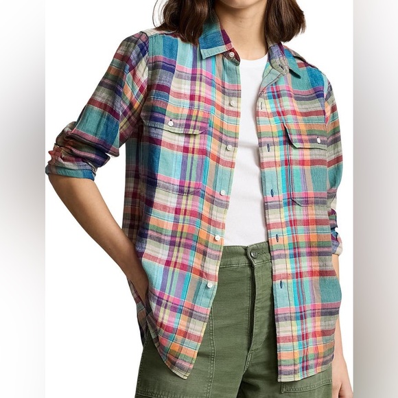 POLO  RALPH  LAUREN~ Plaid Linen Button-Up Shirt~ PETITE M - Picture 6 of 12